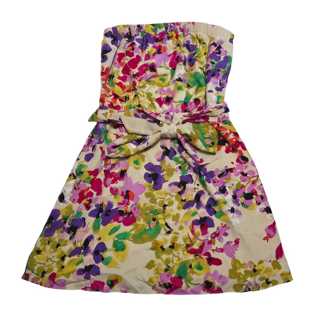 Express Strapless Floral‎ Mini Dress XS Watercolor Pink Purple Belted Summer